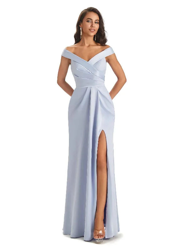 Sexy Soft Side Slit Off Shoulder V-Neck Long Satin Ladies Bridesmaid Dresses