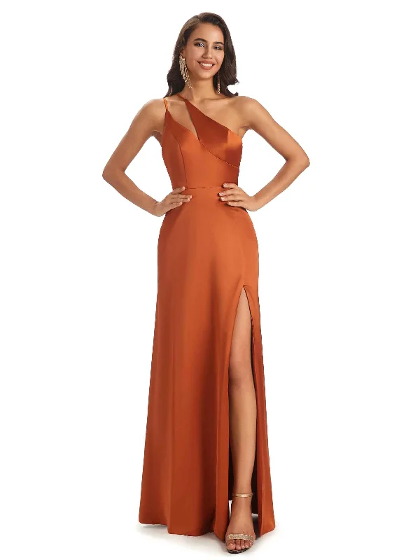 Sexy Soft Satin Side Slit One Shoulder Floor-Length Mermaid Long Bridesmaid Dresses Online