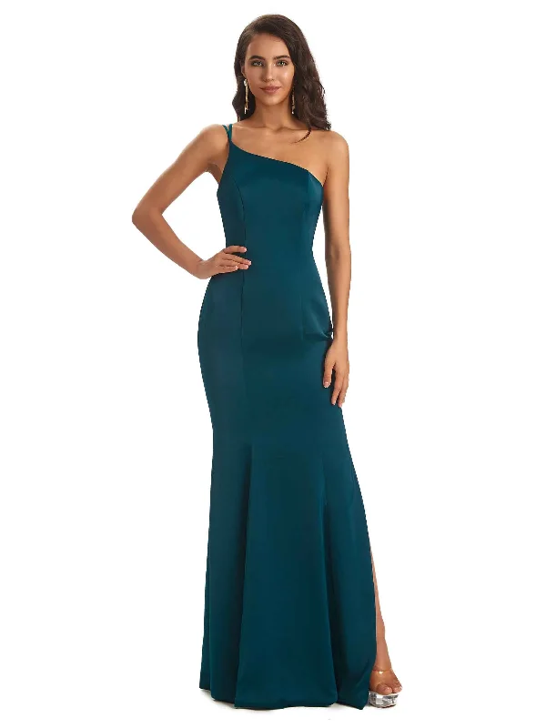 Sexy Soft Satin Side Slit One Shoulder Chic Mermaid Bridesmaid Dresses Online