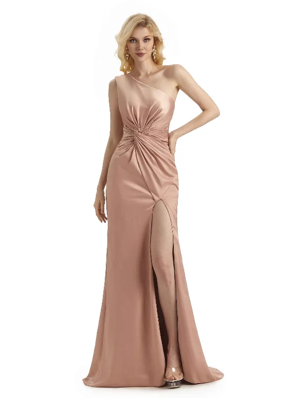 Sexy Soft Satin Side Slit One Shoulder Long Mermaid Bridesmaid Dresses Online