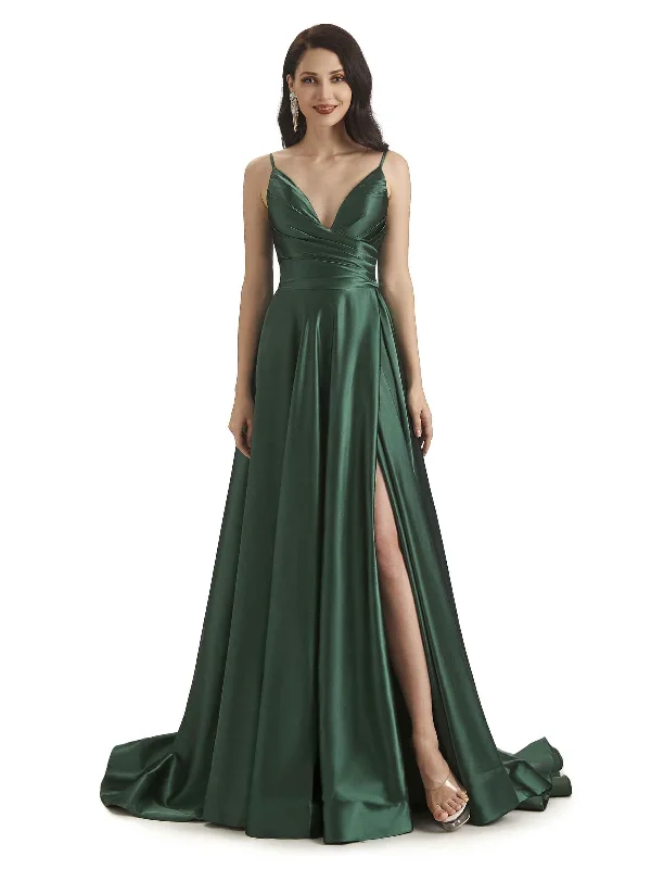 Sexy Soft Satin Side Slit Spaghetti Straps Long Bridesmaid Dresses Online