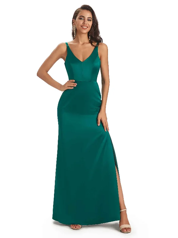 Sexy Soft Satin V-Neck Side Slit Spaghetti Straps Fashion Mermaid Bridesmaid Dresses