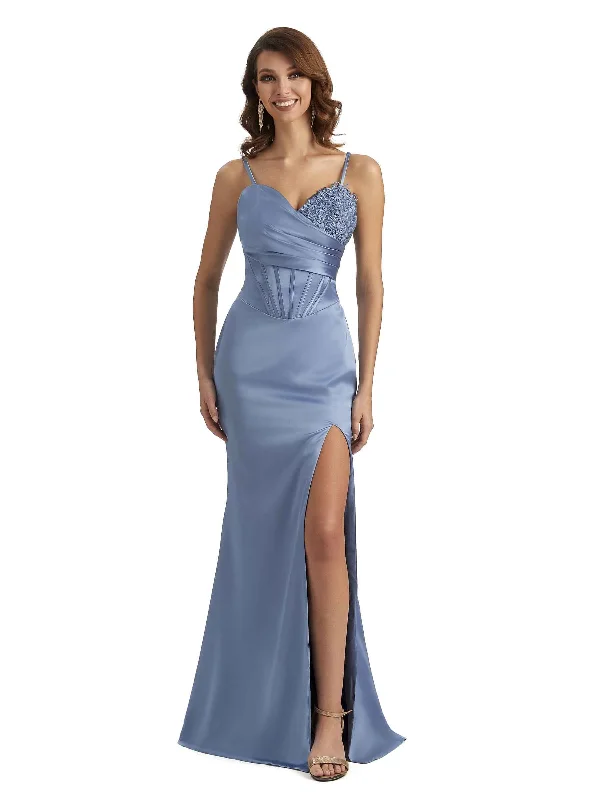 Sexy Side Slit Spaghetti Straps Lace Mermaid Petite Bridesmaid Dresses In Satin