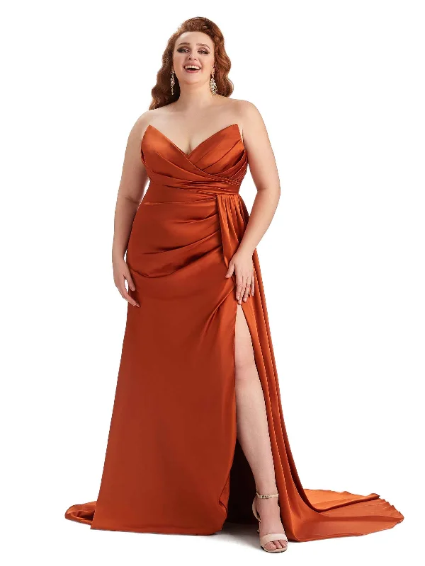 Sexy V-neck Side Slit Mermaid Soft Satin Long Plus Size Bridesmaid Gowns