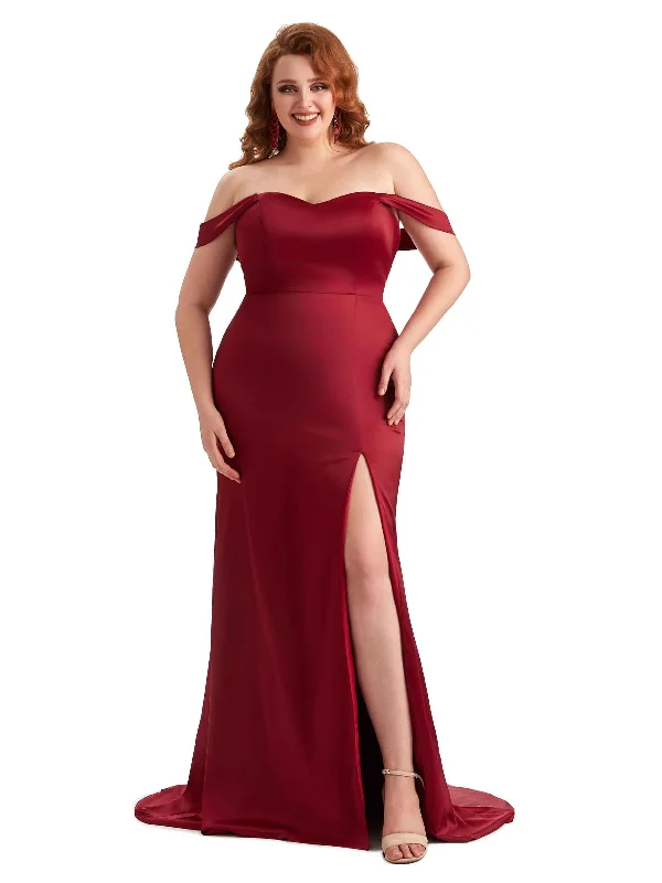 Simple Side Slit Off The Shoulder Mermaid Soft Satin Long Plus Size Maid of Honor Dresses