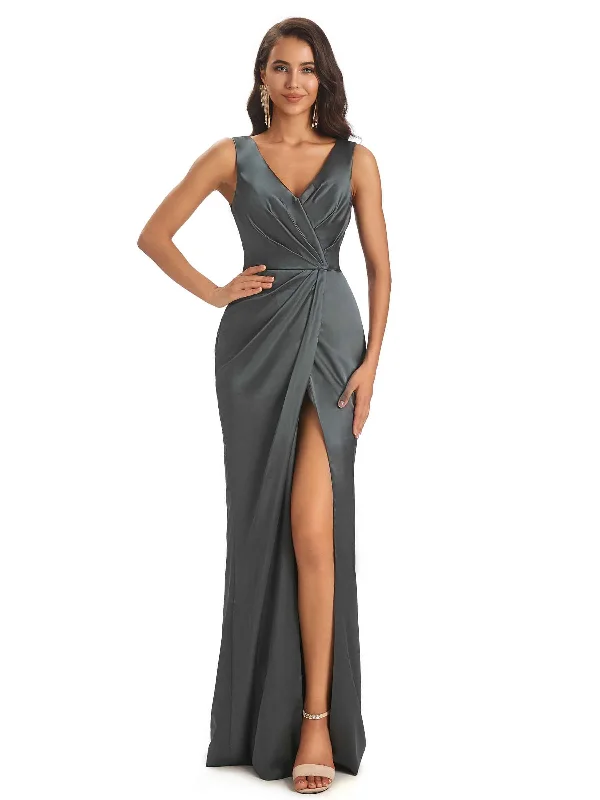 Soft Satin Front Slit V-neck Unique Long Bridesmaid Dresses Online