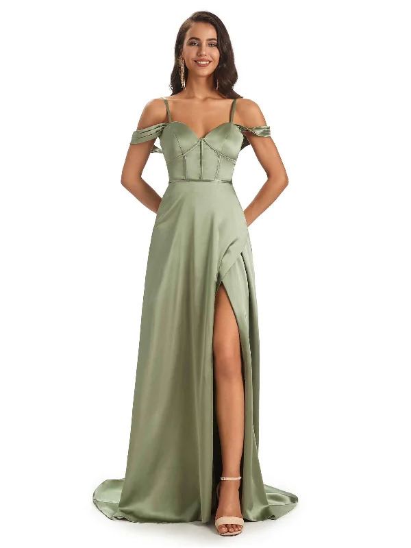 Stylish Soft Satin Side Slit Spaghetti Straps Cold Shoulder Bridesmaid Dresses Online