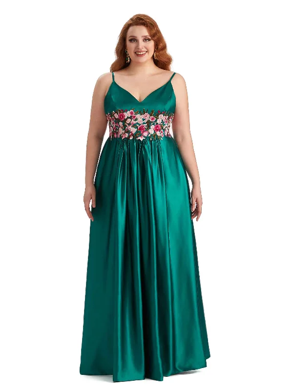 Unique Lace Spaghetti Straps Soft Satin Long Plus Size Bridesmaid Dress For Wedding