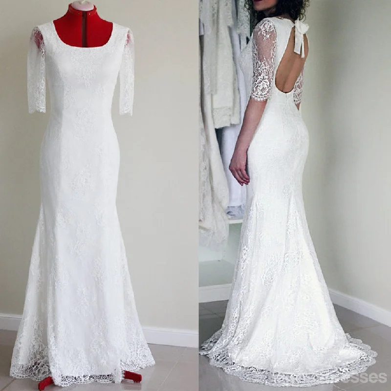 Popular Half Sleeve Sexy Long Mermaid Open Back White Lace Wedding Party Dress, WD0041