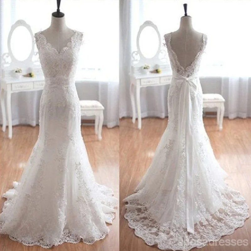 Popular Elegant V-Neck Long Mermaid White Lace Bridal Gown, Wedding Party Dresses , WD0045