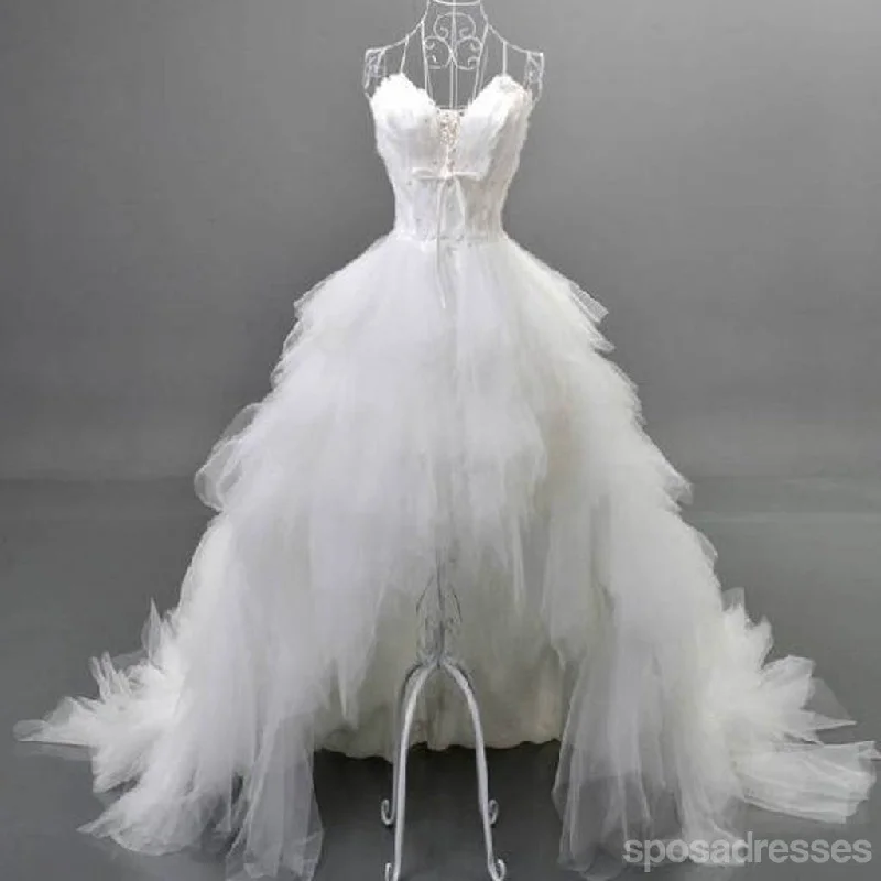 Unique Style Hi-low Sweetheart White Tulle Spaghetti Wedding Dresses With Feather, WD0067