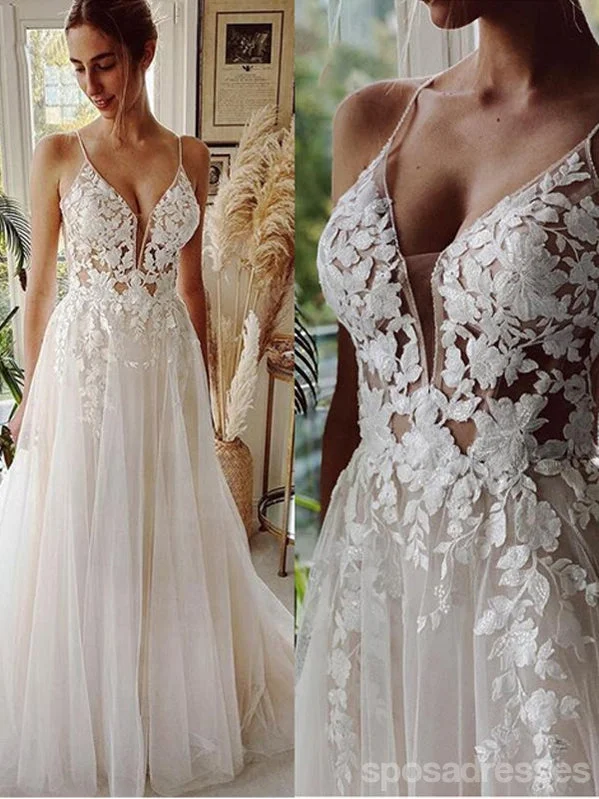 Ivory A-line Spaghetti Straps V-neck Handmade Lace Wedding Dresses,WD787