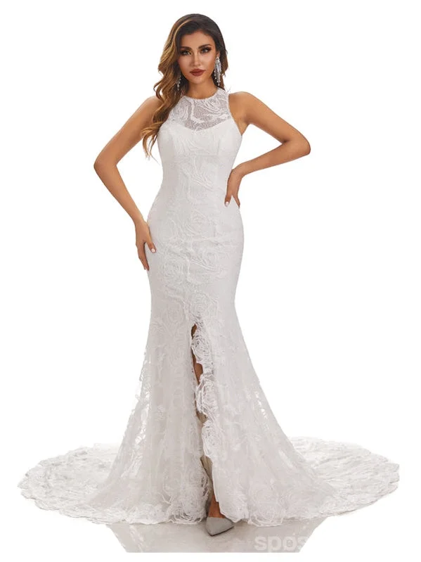 Ivory Mermaid Halter Side Slit Handmade Lace Wedding Dresses,WD800