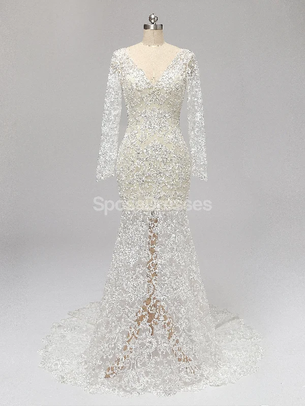 Long Sleeves Backless Lace Mermaid Wedding Dresses Online, Cheap Unique Bridal Dresses, WD585