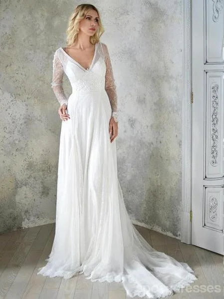 Long Sleeves Lace Backless Cheap Wedding Dresses Online, Cheap Bridal Dresses, WD543