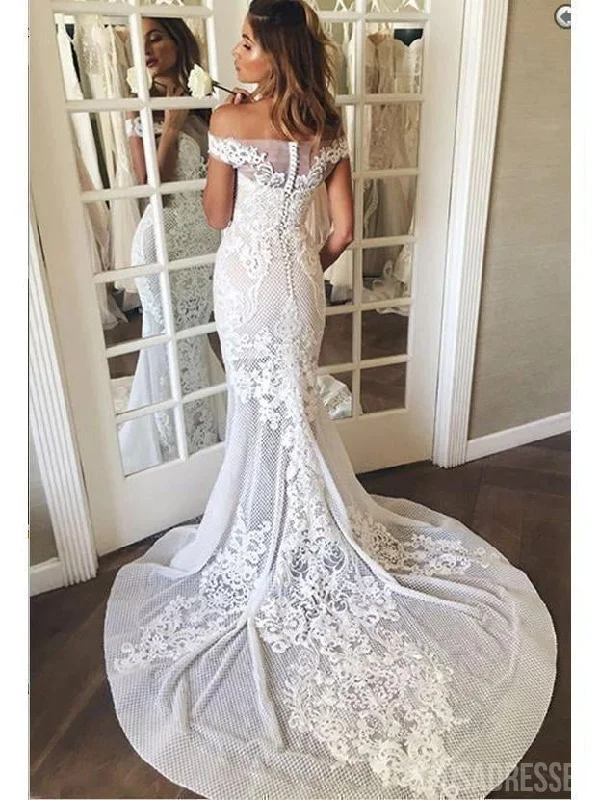 Off Shoulder Lace Mermaid Wedding Dresses, Cheap Wedding Gown, WD685