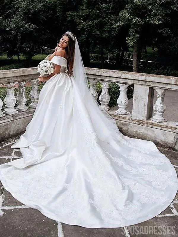 Off Shoulder Long Tail Satin Wedding Dresses, Cheap Wedding Gown, WD690