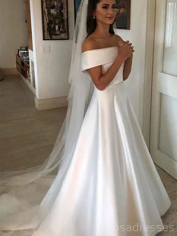 Off Shoulder Simple Satin A-line Cheap Wedding Dresses Online, Cheap Bridal Dresses, WD512