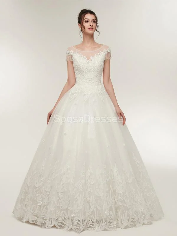 Scoop Cap Sleeves Lace A-line Cheap Wedding Dresses Online, Unique Bridal Dresses, WD570