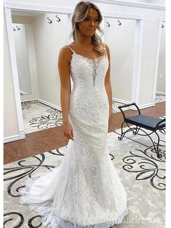 Sexy Mermaid Spaghetti Straps Backless Handmade Lace Wedding Dresses,WD772