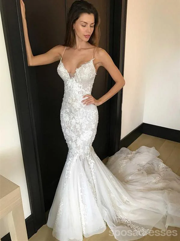 Sexy Mermaid V-neck Spaghetti Straps Handmade Lace Wedding Dresses,WD746