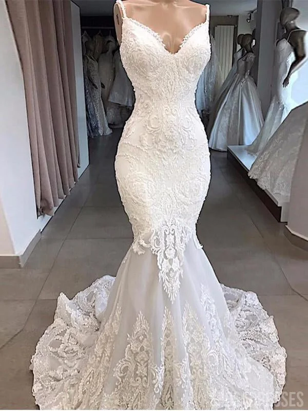 Spaghetti Straps Lace Mermaid Cheap Wedding Dresses, Mermaid Wedding Gown, WD700