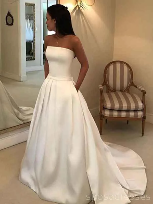 Strapless Simple A-line Satin Wedding Dresses Online, Cheap Bridal Dresses, WD513