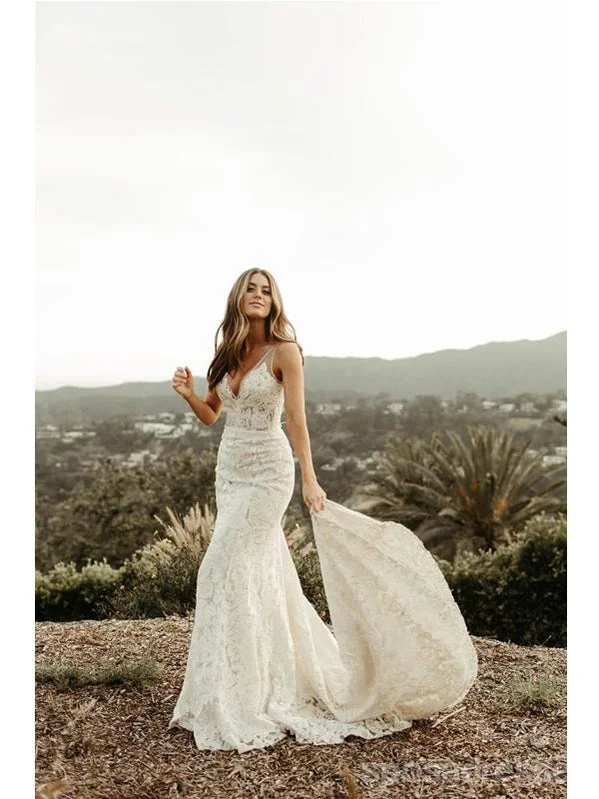 Straps Mermaid backless Handmade Lace Wedding Dresses,WD785