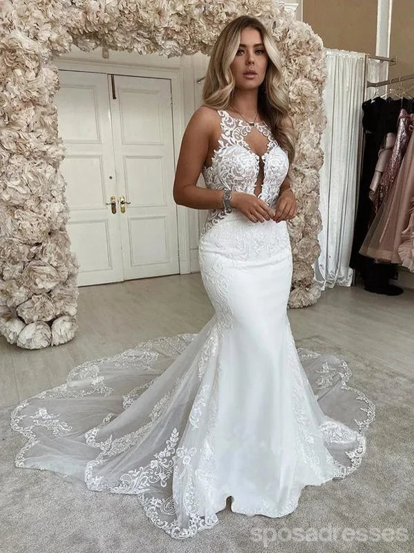 Unique Sleeveless Long Mermaid Backless Handmade Lace Wedding Dresses,WD737