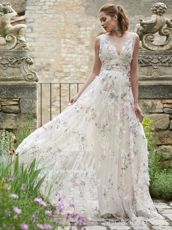 V-Neck Flower Cheap Wedding Dresses Online, Cheap Unique Bridal Dresses, WD602