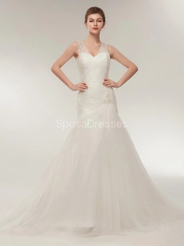 V Neck Mermaid Beaded Cheap Wedding Dresses Online, Unique Bridal Dresses, WD564