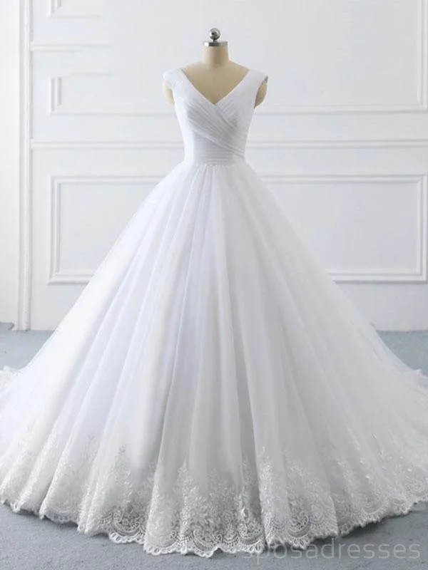 White V neck Tulle Cheap Wedding Dresses Online, Cheap A-line Bridal Dresses, WD464